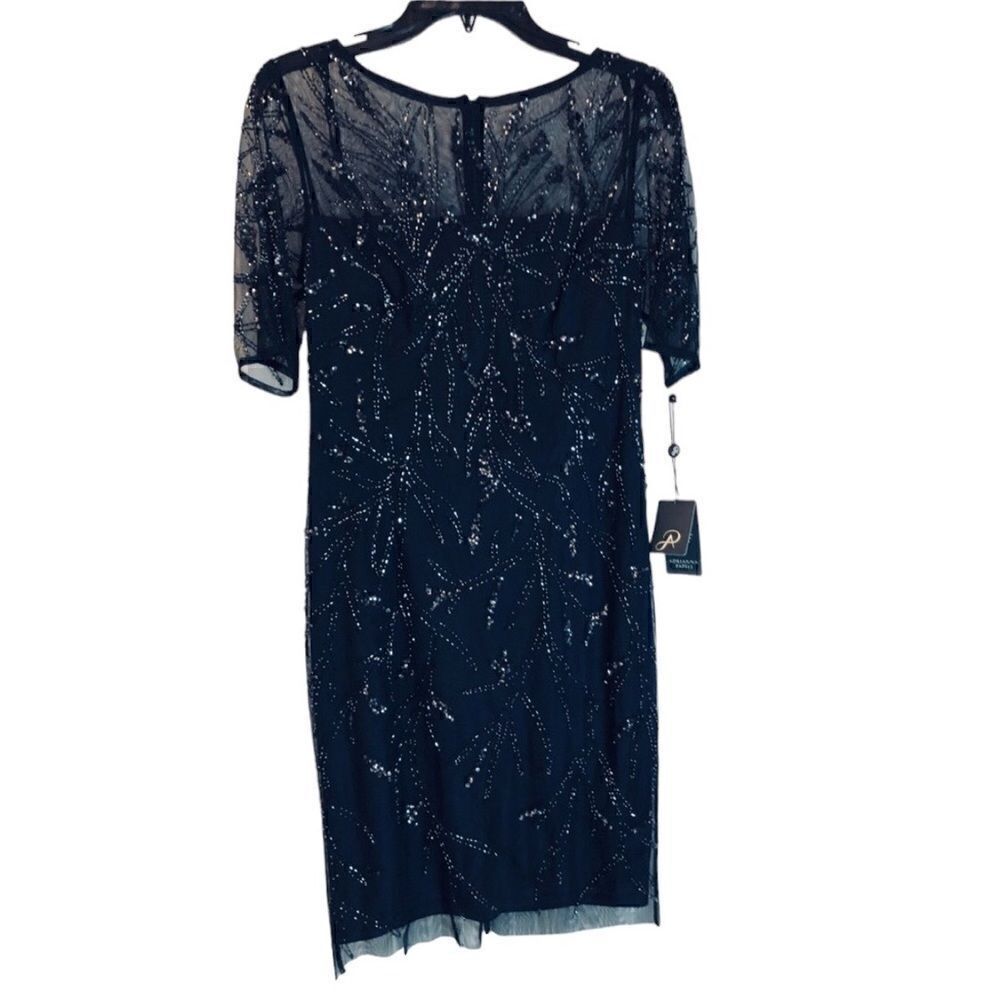 NWT ADRIANNA PAPELL Navy Blue Sequins Formal Short Dress 1/2 Length Sleeves